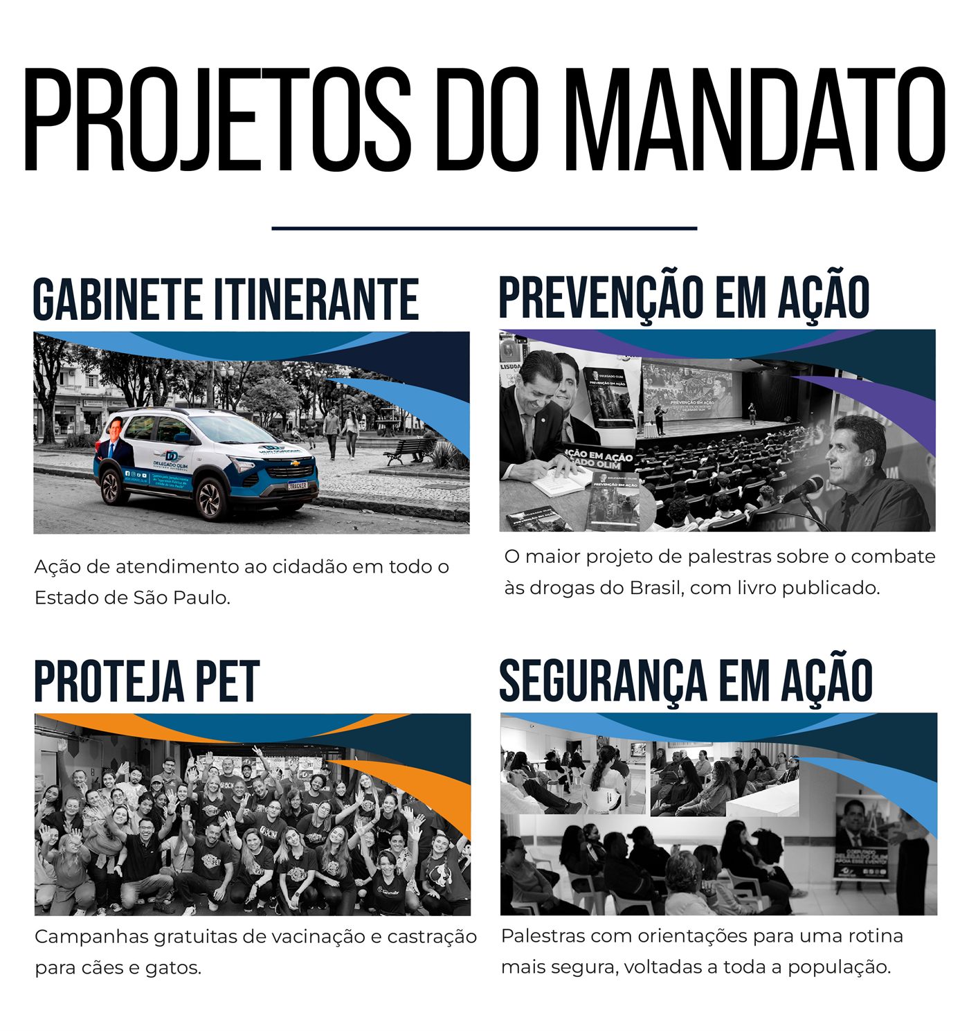 Projetos do Mandato — Gabinete Itinerante, Prevenção em Ação, Proteja Pet e Segurança em Ação.